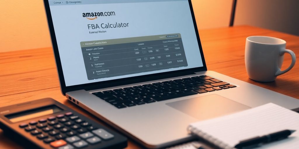 Laptop with Amazon FBA calculator on a desk.