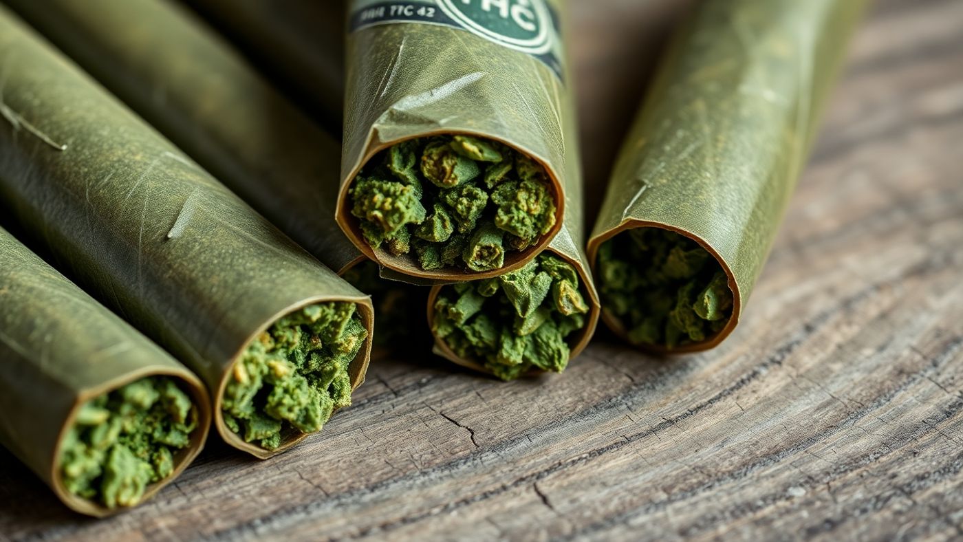 High THC prerolls displayed on a wooden surface.