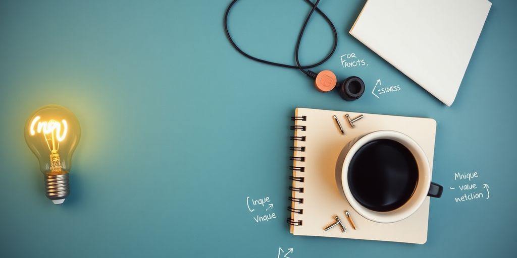 Lightbulb, notebook, and coffee cup on a desk.