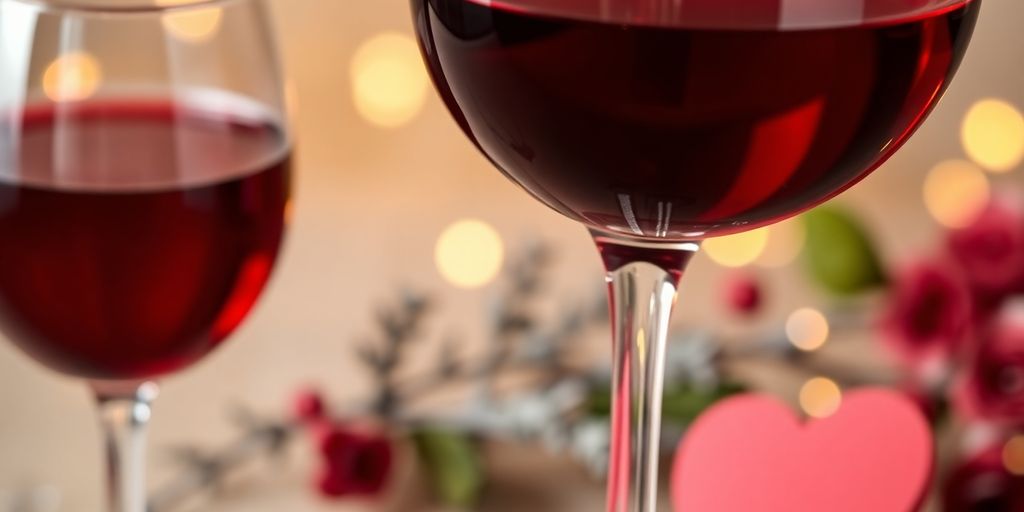 Glass of red wine with heart decoration in background.