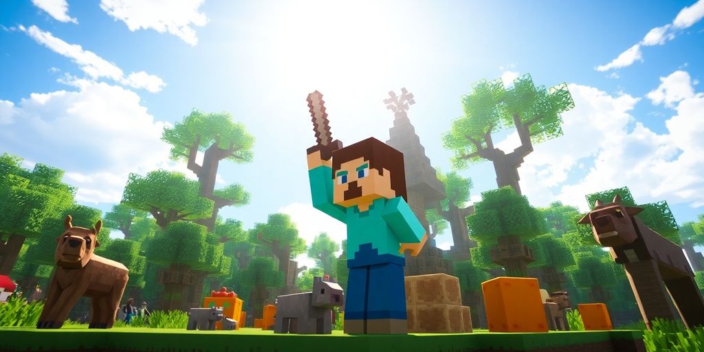 Minecraft character builds in a colourful pixelated landscape.