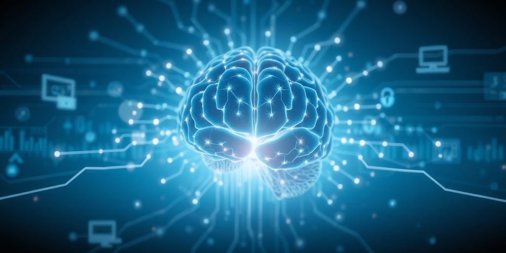 AI brain with glowing circuits, digital advertising.