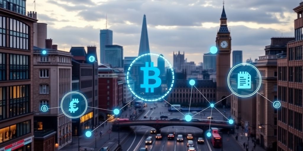 Digital assets with UK skyline in the background.