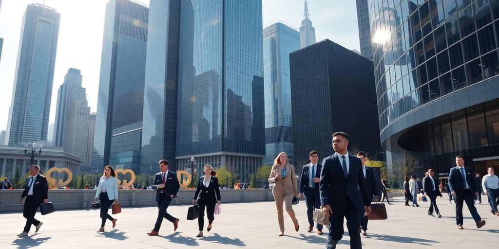 Financial district skyline, business people walking