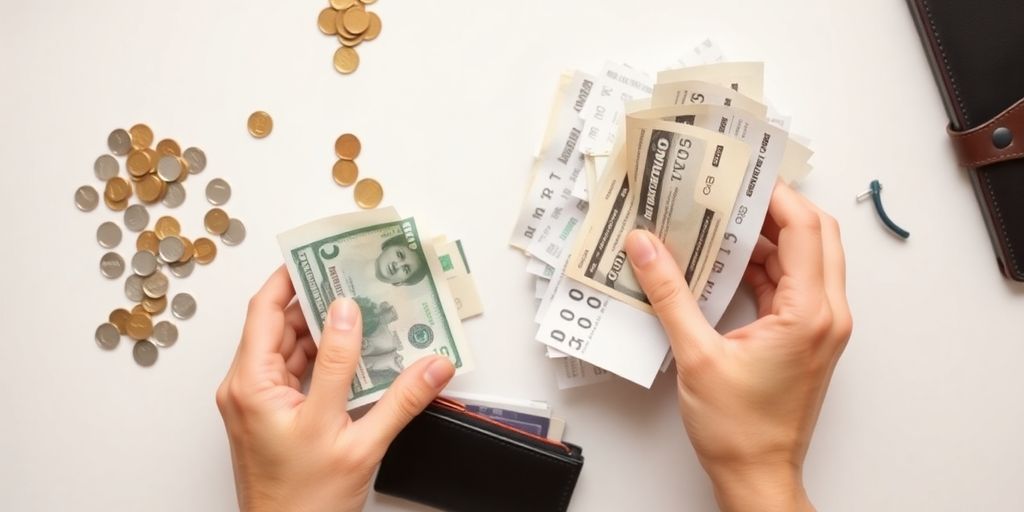 Person reviewing bills and receipts.