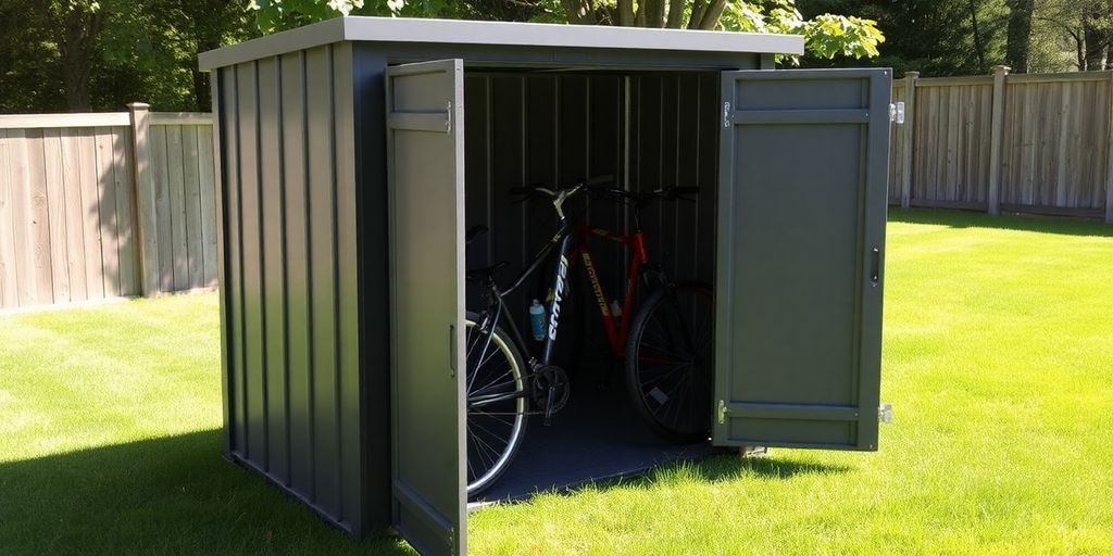 Bike storage shed protecting bicycles outdoors.