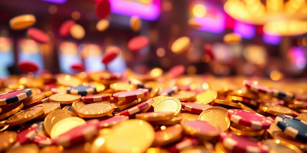 Spinning coins, casino chips, and sparkling light background.