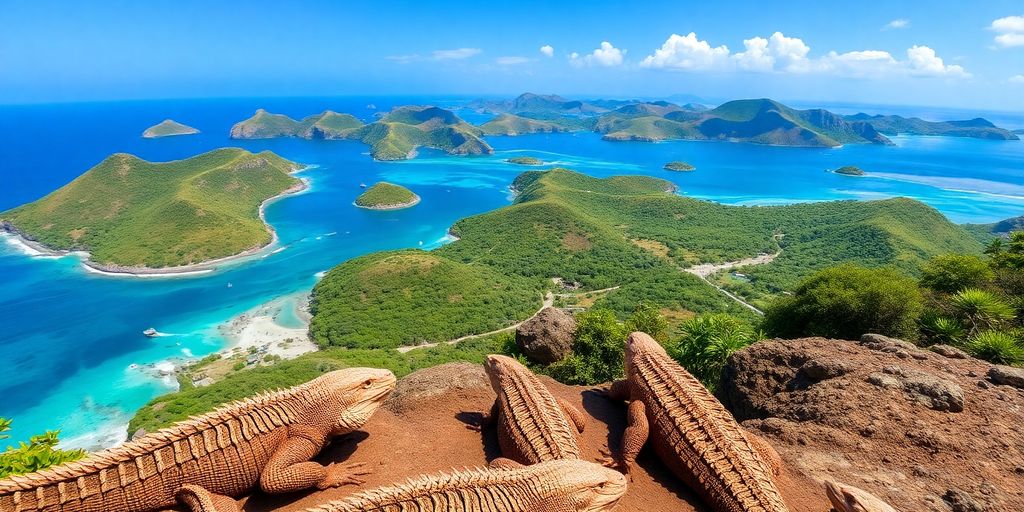 Komodo dragons on a sunny island with blue waters.