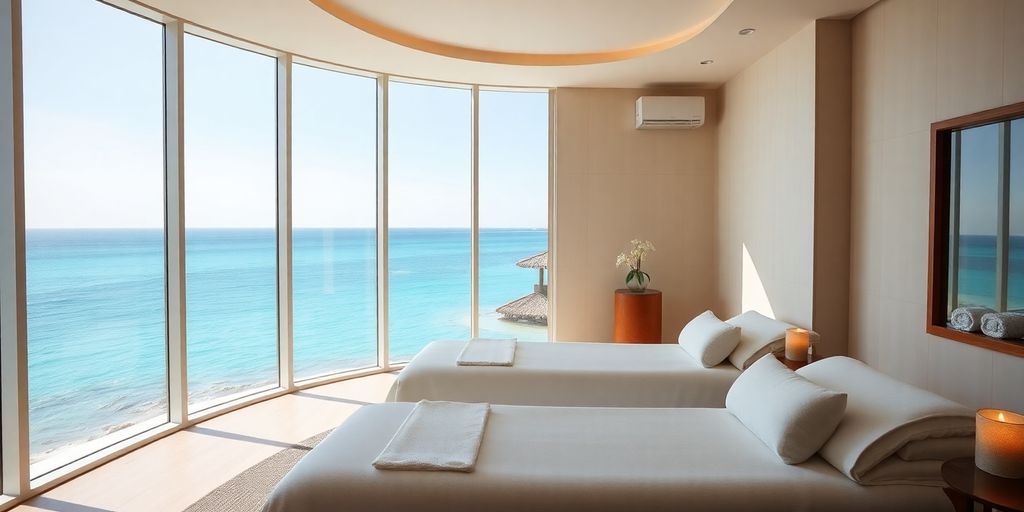 Spa room overlooking blue ocean and coastline.