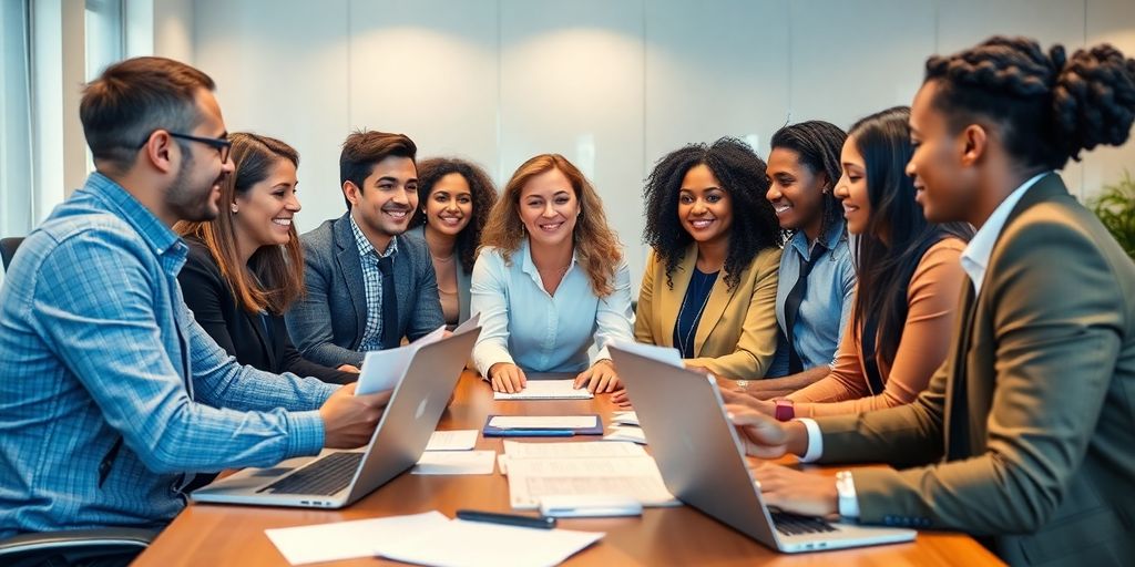 Grupo de pessoas discutindo vagas de emprego administrativas.