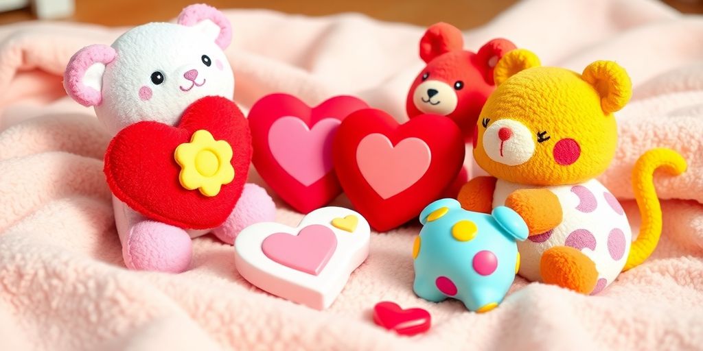 Colorful interactive toys for baby's first Valentine's Day.