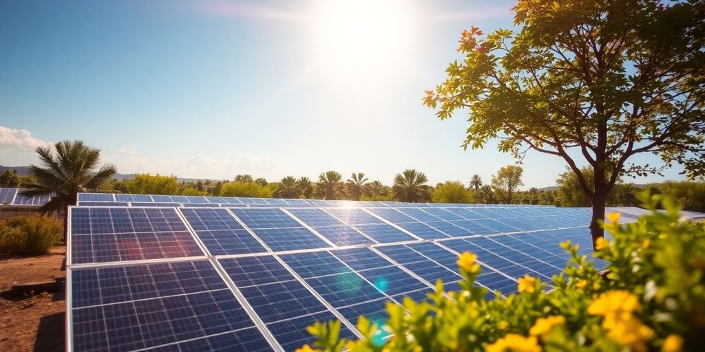 Solar panels with trees in a sunny landscape.