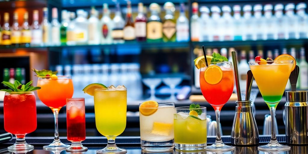 Feestelijke bar met cocktails en garnituren.