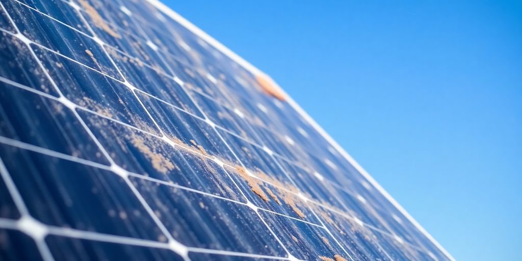Dirty solar panels with dust and debris on them.