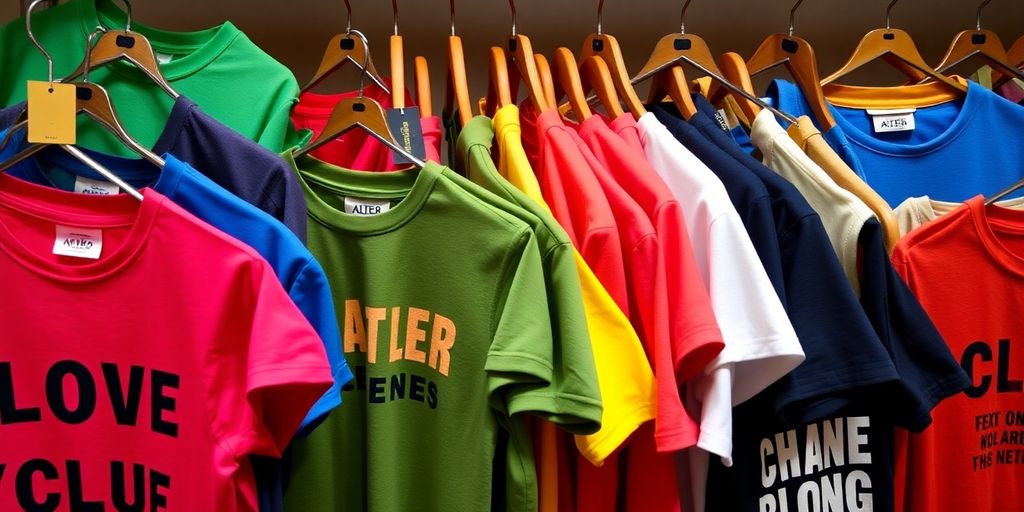A variety of vibrant slogan t-shirts on display.