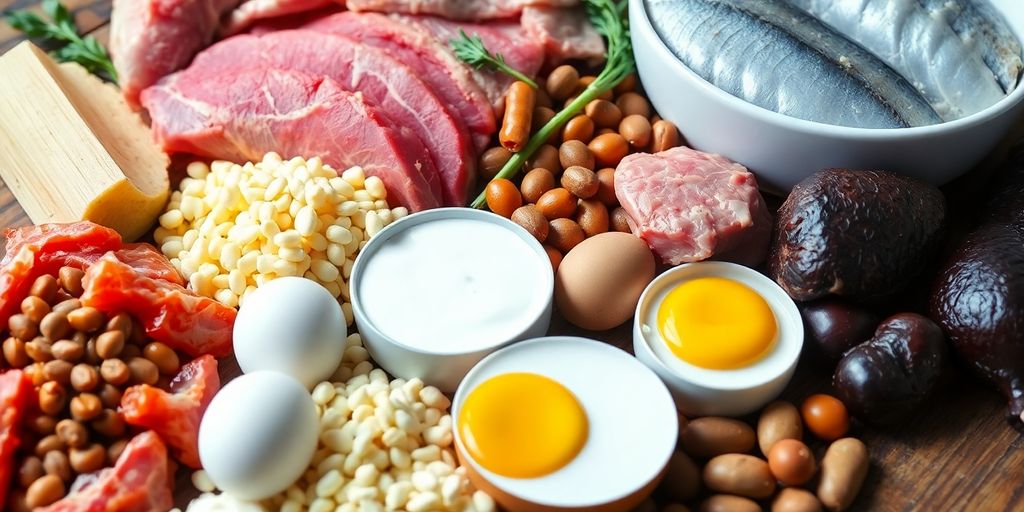 Protein-rich foods on a wooden table.