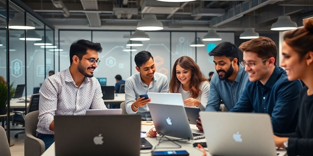 Diverse team collaborating in a modern office space.