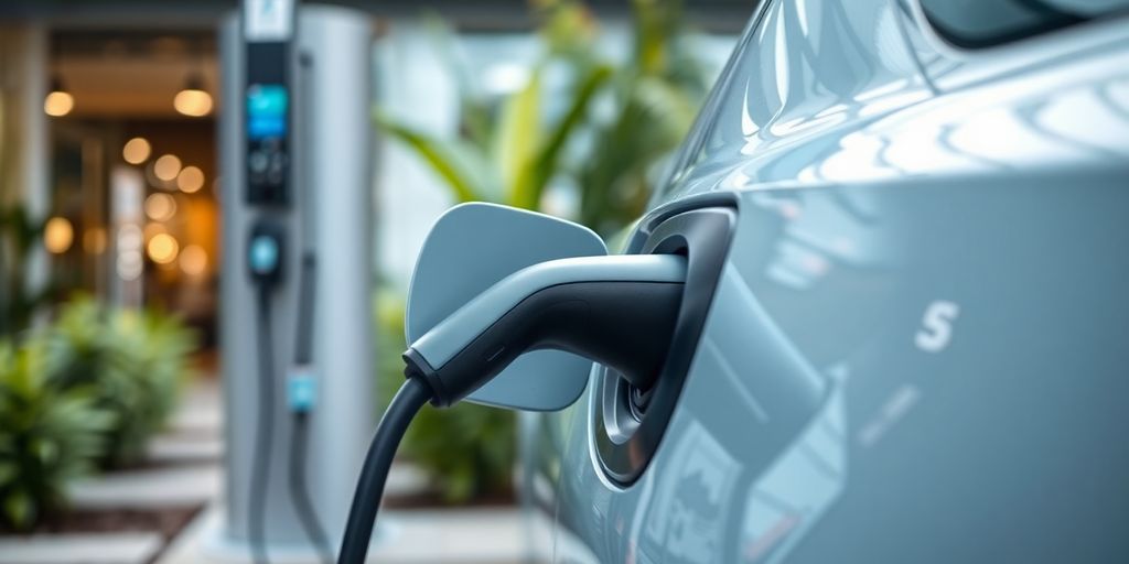 Electric vehicle charging with a detailed view of the cable.