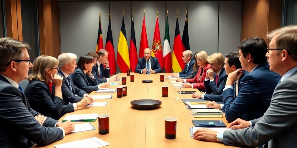 Discussion politique intense dans une salle de conférence.