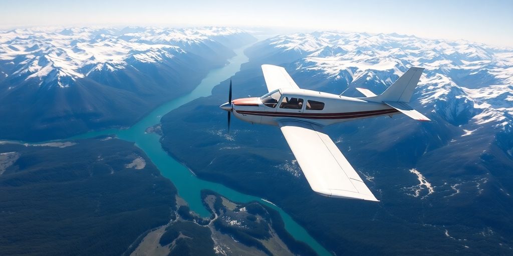 A small survey airplane flying over rugged Alaskan mountains.