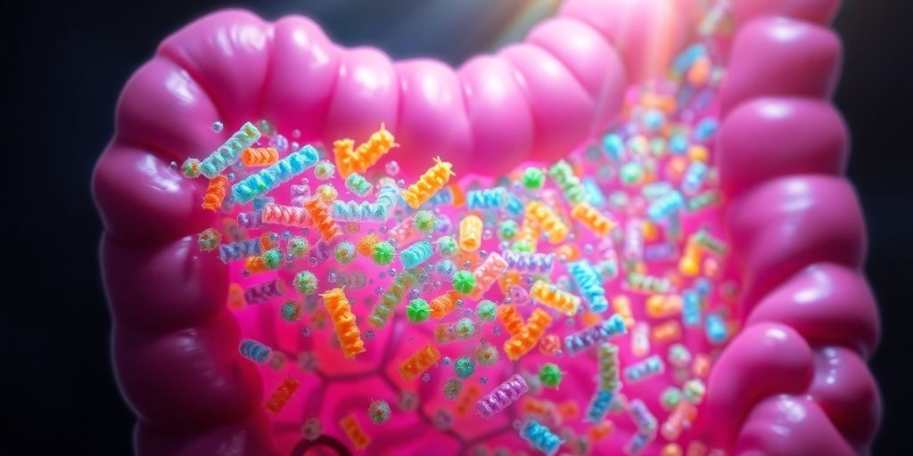 Healthy gut with diverse, thriving microbiome organisms.