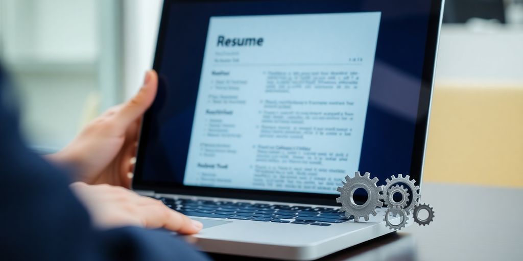 Person reviewing resume on laptop with gears nearby