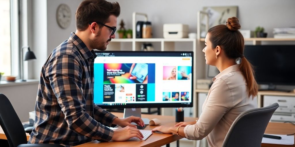 Web designer and client discussing website design in Omaha.