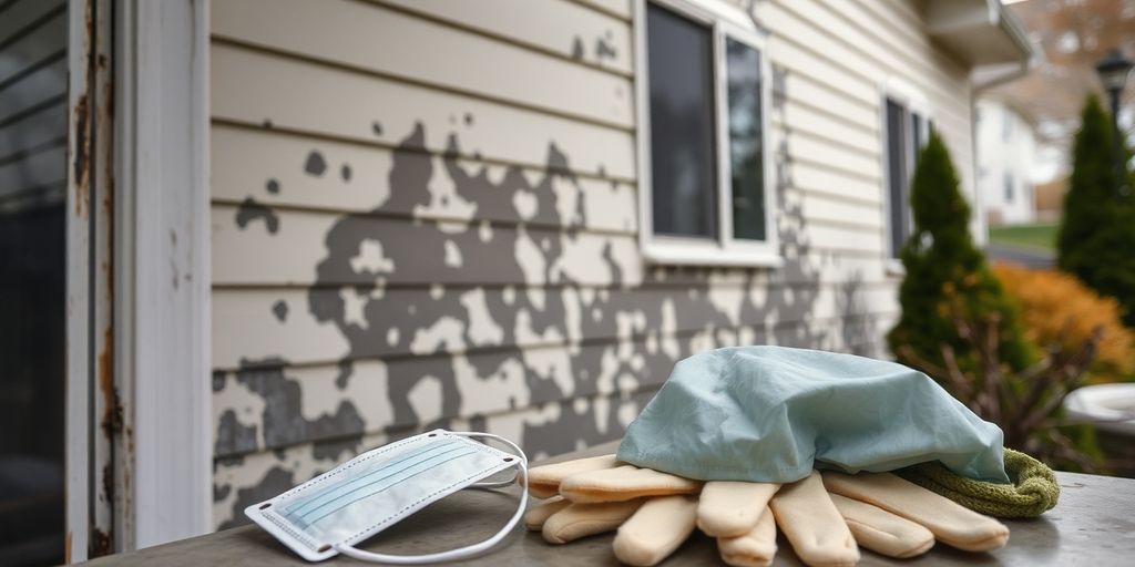 Suburban home with mold spots, water damage, and protective gear.