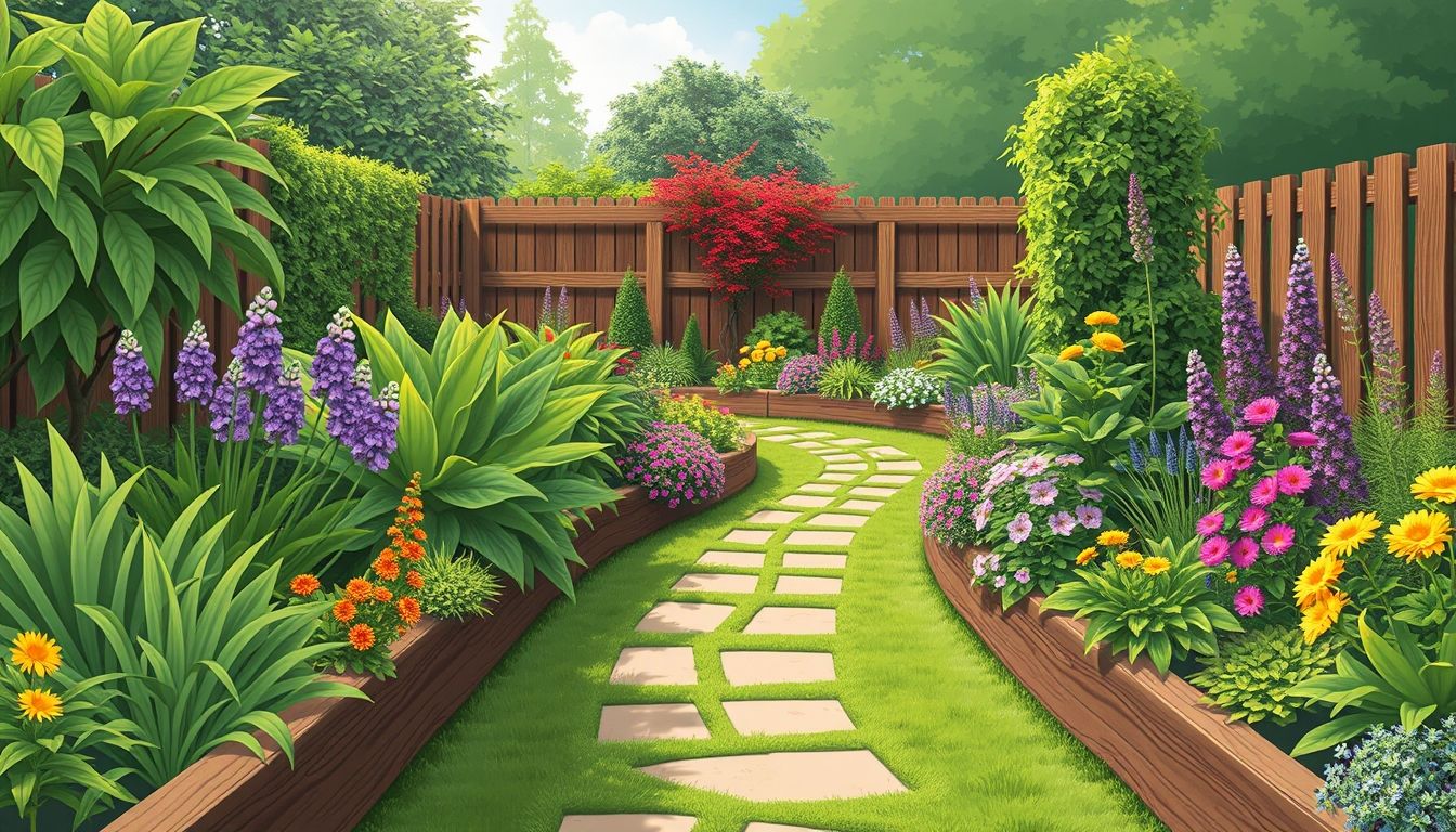 Garden with wooden borders and colourful flowers
