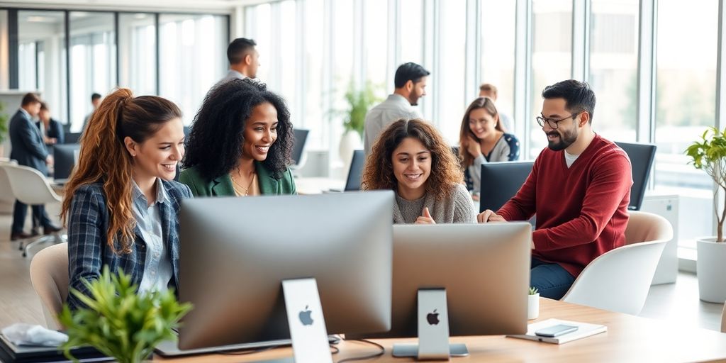 People working in a modern office with computers.
