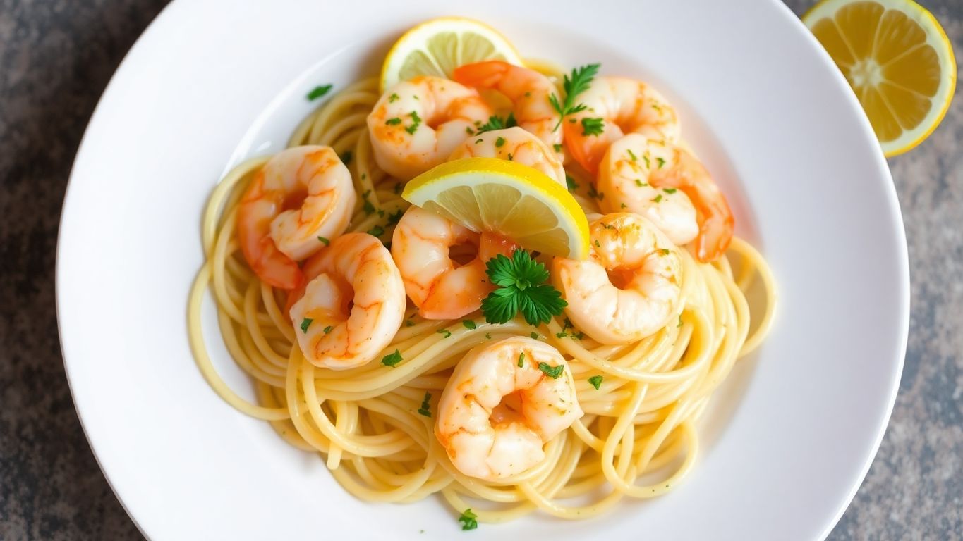 Espaguete com camarão scampi em prato colorido.