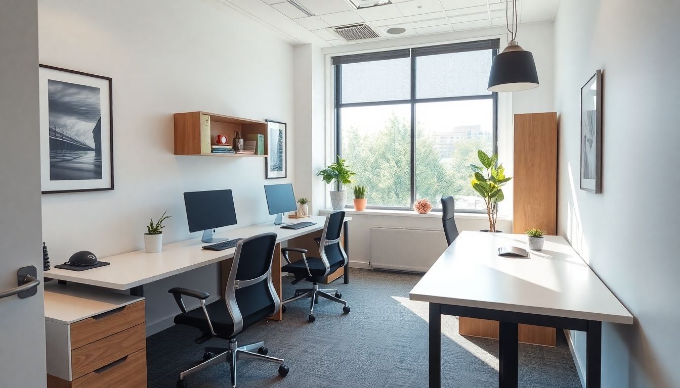 Modern small office with sleek furniture and natural light.