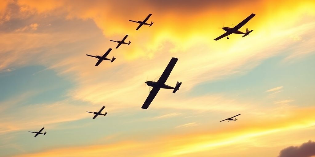 Avions ULM traversant des nuages au lever du soleil.