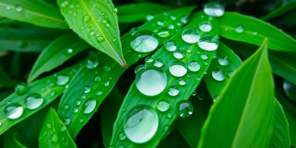 Close-up of raindrops on green leaves.