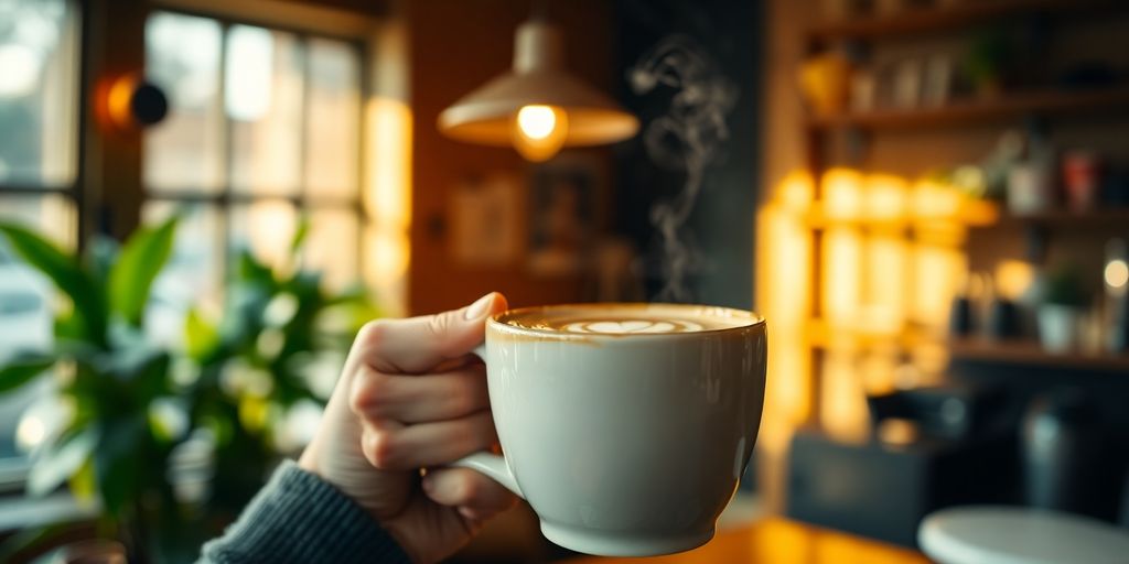 Person sips coffee in cozy Vancouver specialty coffee shop.