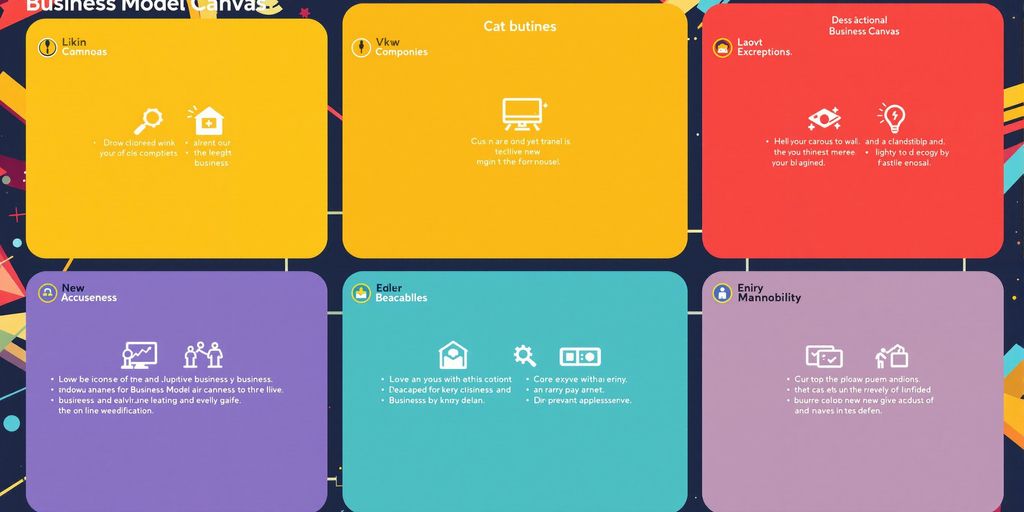 Forretningsmodell lerret med fargerike seksjoner og ikoner.