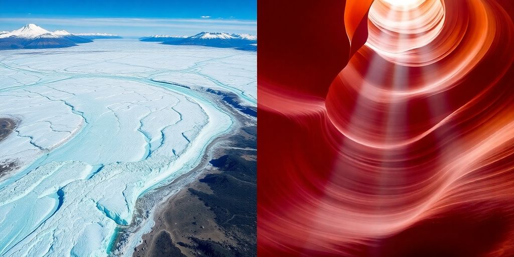 Split image of an Alaskan glacier and an Arizona canyon.