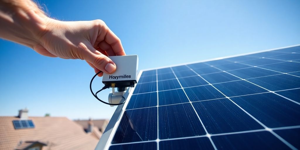 Solar panels on a roof with Hoymiles micro-inverters.