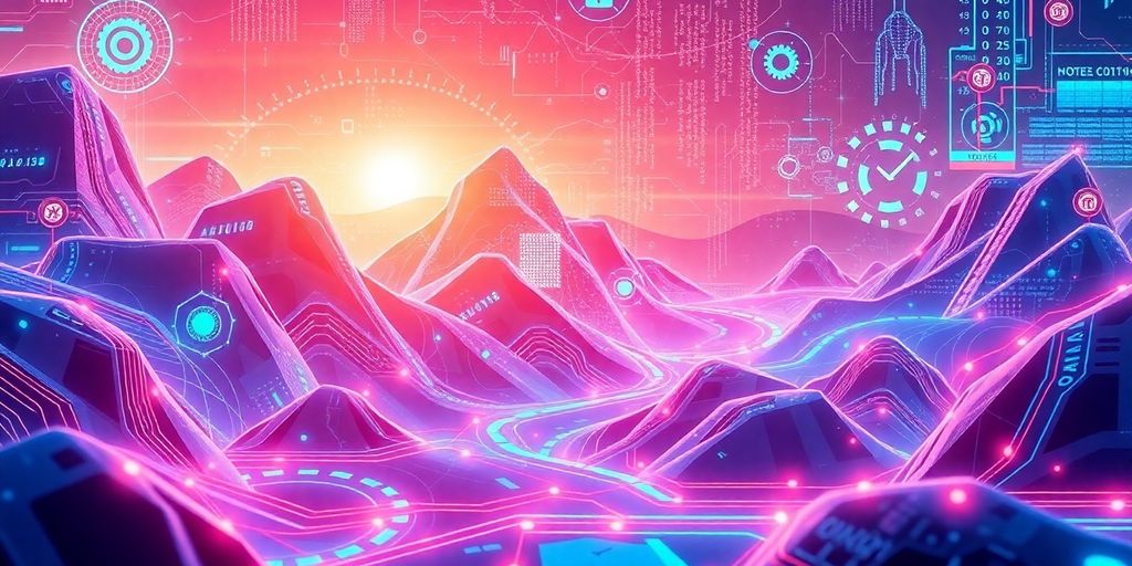 Futuristic AI landscape with robots and coding symbols.