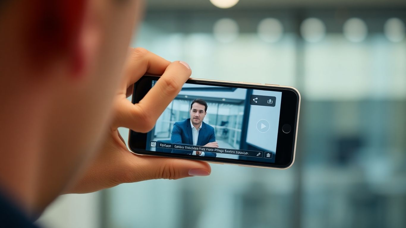 Person recording a business video on a smartphone.