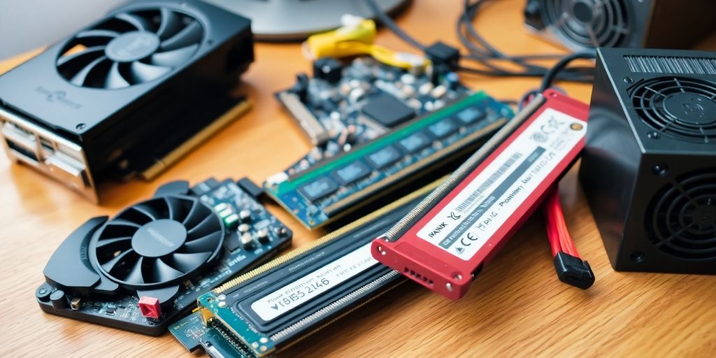 Verschiedene PC-Komponenten auf einem Holztisch.