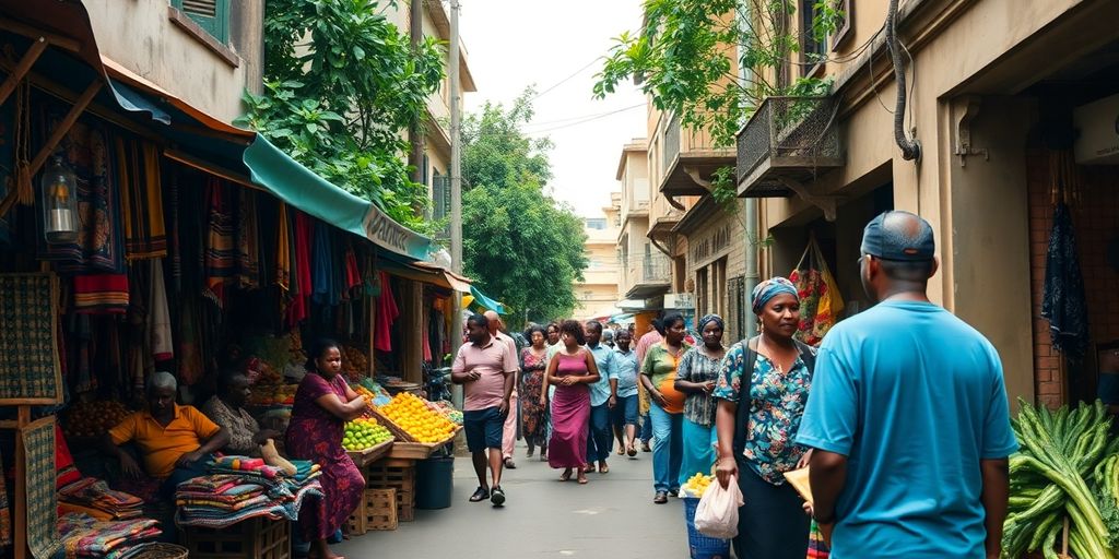 Colorful market scene in an African city.