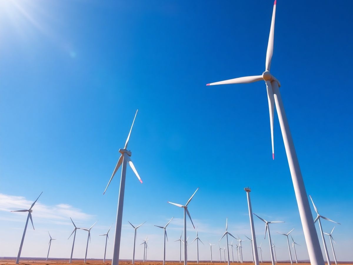 Turbine eoliene sub un cer albastru.