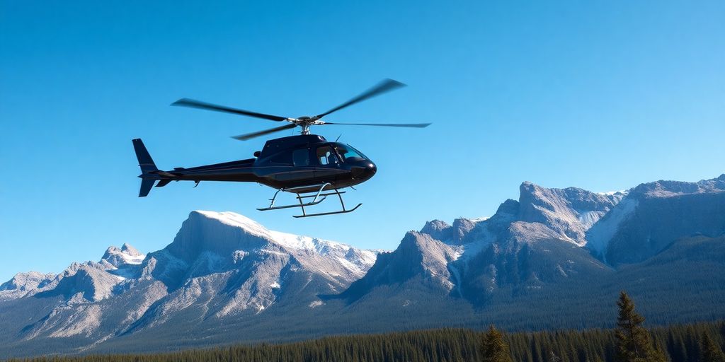 A helicopter flies over a majestic California national park.