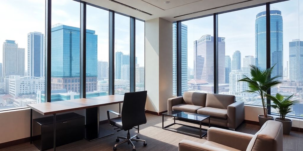 Contemporary Bangkok office interior with city skyline view.