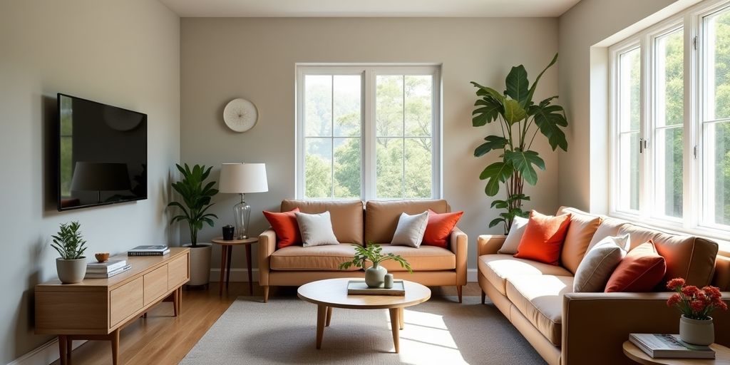 Modern remodeled living room with stylish furniture and decor.
