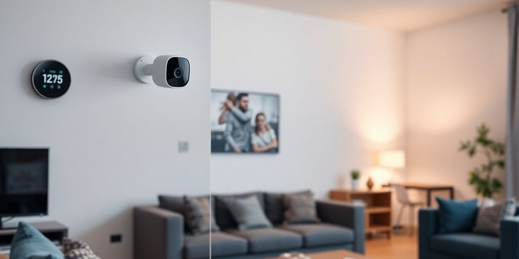 Smart CCTV camera in a modern living room setting.