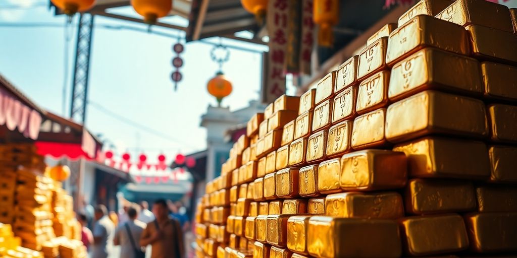 Lingots d'or brillant empilés devant un marché asiatique animé.