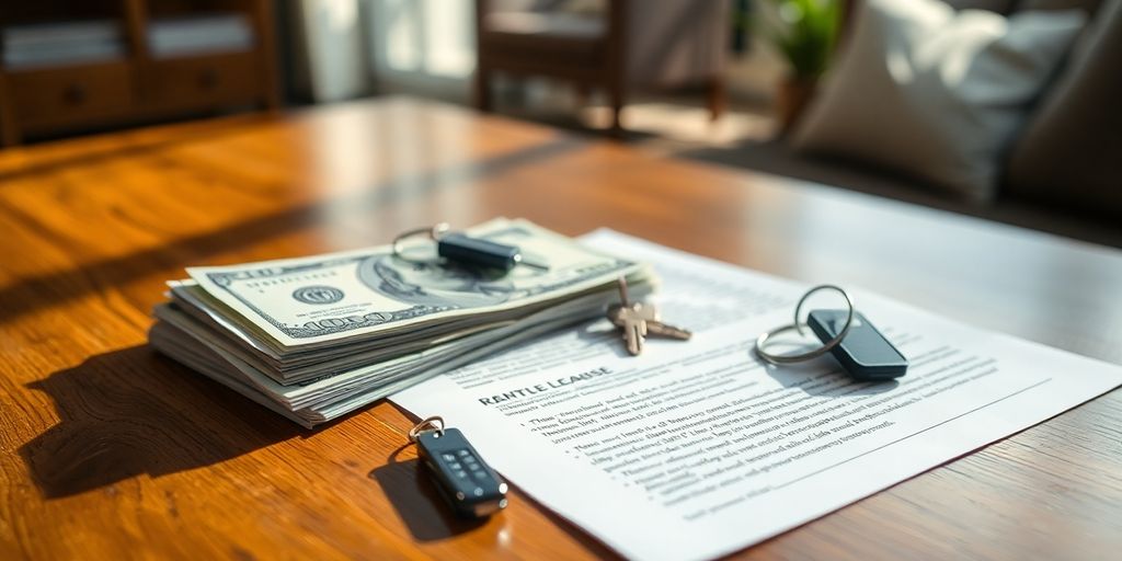Keys, money, and lease on a table.