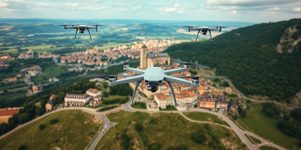 Vue aérienne de drones survolant des paysages européens.